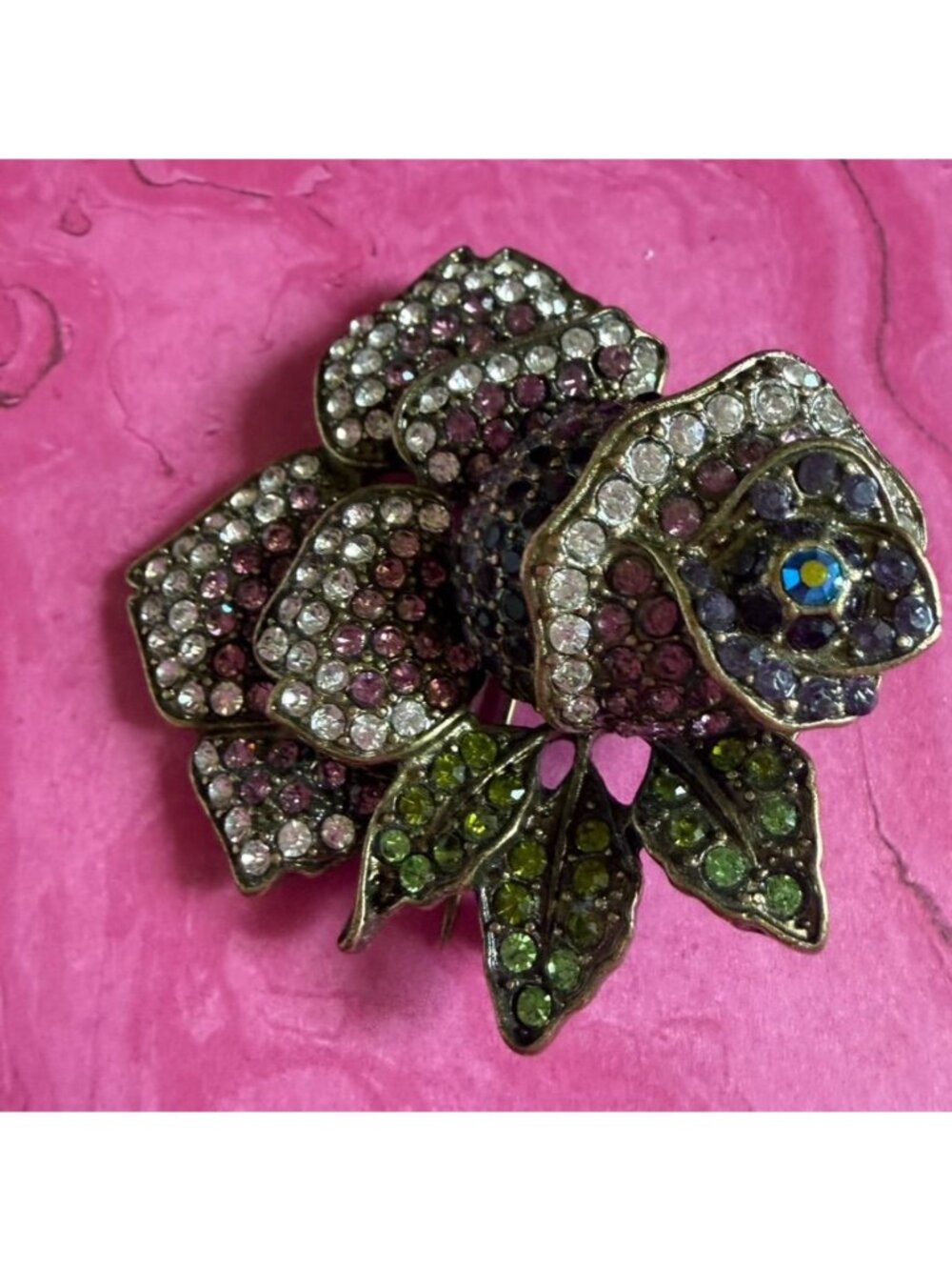 Vtg Joan Rivers Rose Brooch Pave Rhinestones Large Size Purple Pink & Green - Picture 2 of 6